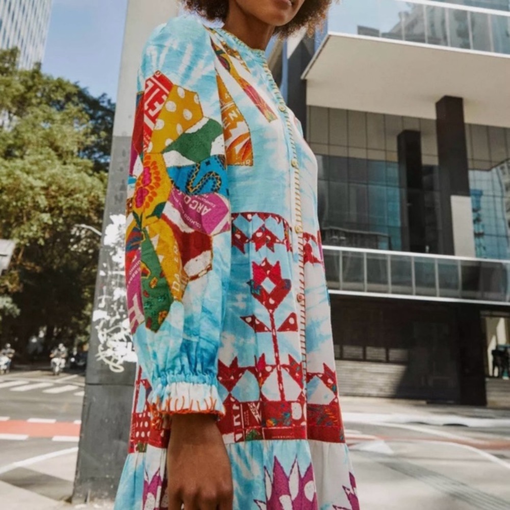 RARE FARM Rio Tie Dye Rainbow Patchwork Maxi Dress Batik Print Blue Size S or M - Picture 4 of 16